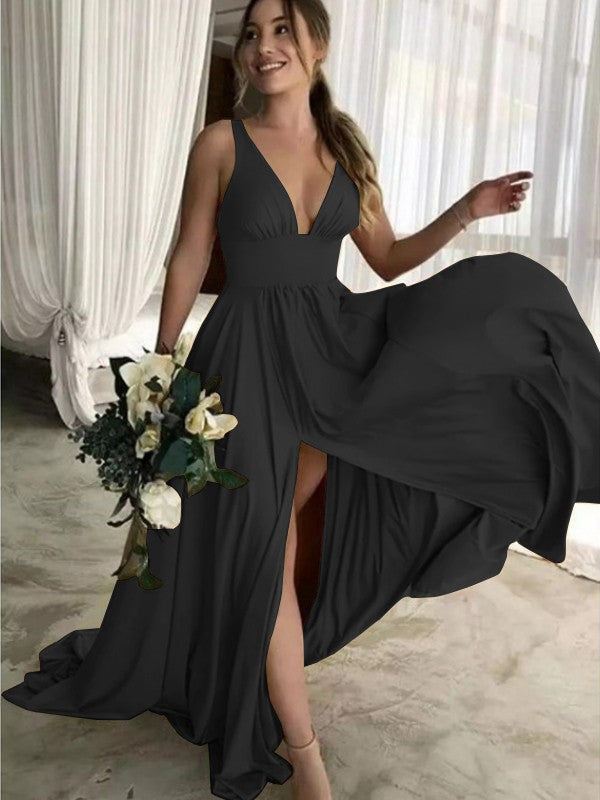 A-Line Sleeveless V-neck Sweep/Brush Train With Ruffles Jersey Bridesmaid Dresses