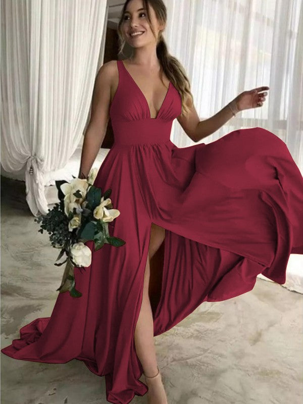 A-Line Sleeveless V-neck Sweep/Brush Train With Ruffles Jersey Bridesmaid Dresses