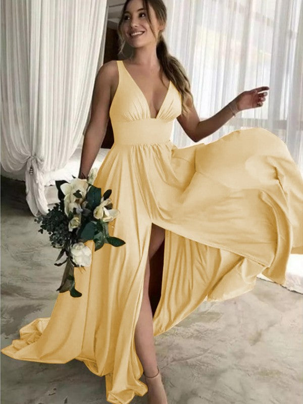 A-Line Sleeveless V-neck Sweep/Brush Train With Ruffles Jersey Bridesmaid Dresses