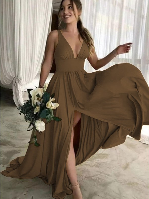 A-Line Sleeveless V-neck Sweep/Brush Train With Ruffles Jersey Bridesmaid Dresses