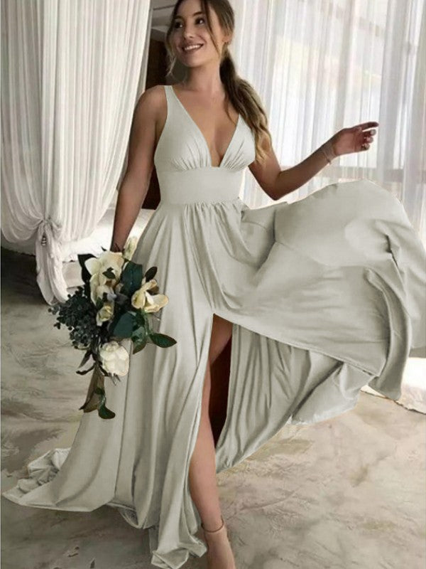 A-Line Sleeveless V-neck Sweep/Brush Train With Ruffles Jersey Bridesmaid Dresses