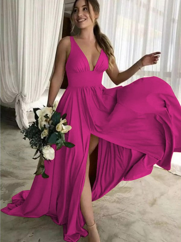 A-Line Sleeveless V-neck Sweep/Brush Train With Ruffles Jersey Bridesmaid Dresses