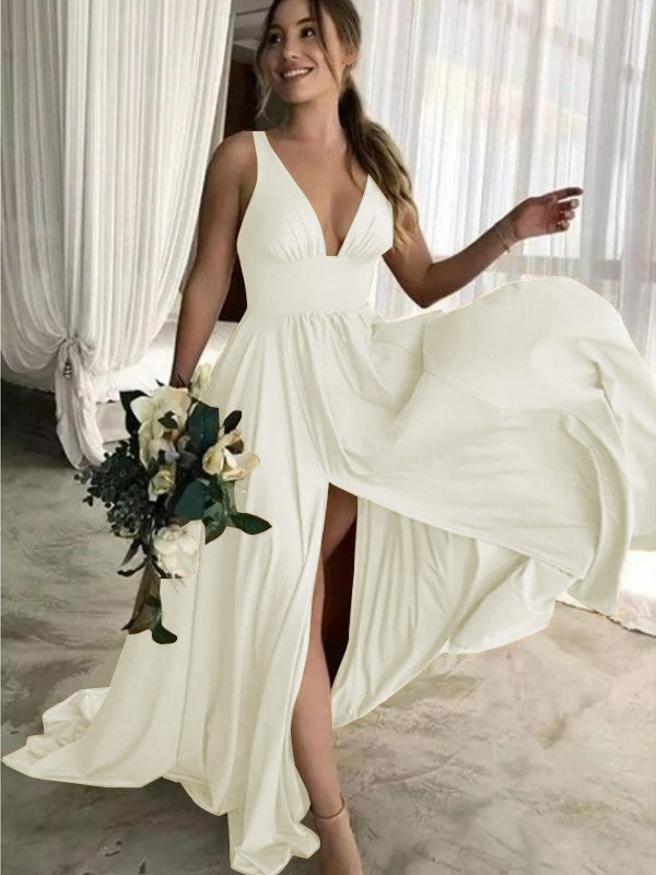 A-Line Sleeveless V-neck Sweep/Brush Train With Ruffles Jersey Bridesmaid Dresses