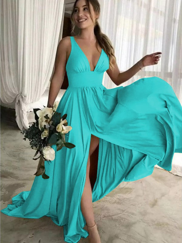 A-Line Sleeveless V-neck Sweep/Brush Train With Ruffles Jersey Bridesmaid Dresses