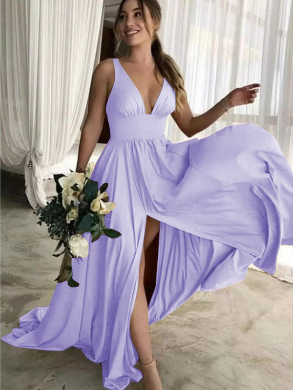 A-Line Sleeveless V-neck Sweep/Brush Train With Ruffles Jersey Bridesmaid Dresses