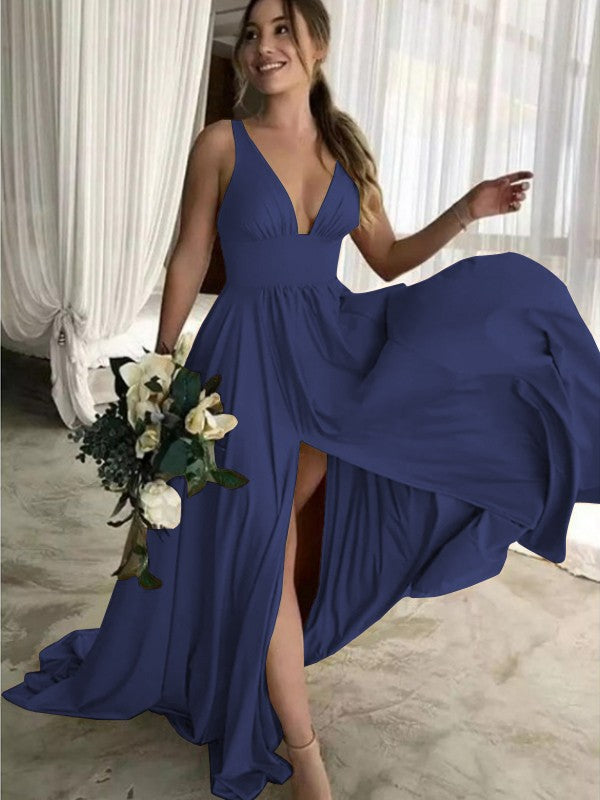 A-Line Sleeveless V-neck Sweep/Brush Train With Ruffles Jersey Bridesmaid Dresses