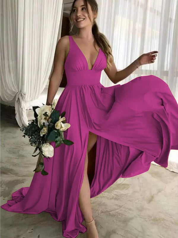 A-Line Sleeveless V-neck Sweep/Brush Train With Ruffles Jersey Bridesmaid Dresses