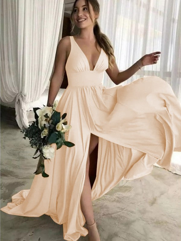 A-Line Sleeveless V-neck Sweep/Brush Train With Ruffles Jersey Bridesmaid Dresses