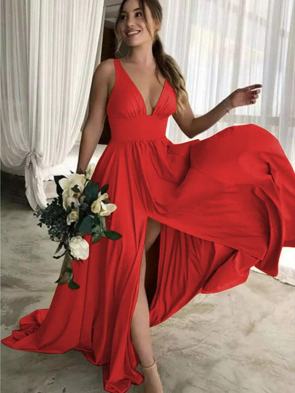 A-Line Sleeveless V-neck Sweep/Brush Train With Ruffles Jersey Bridesmaid Dresses