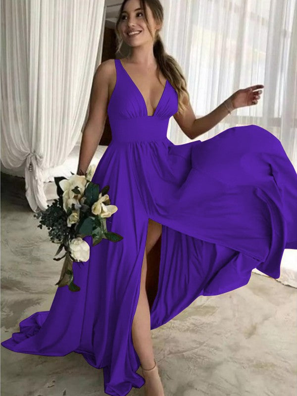 A-Line Sleeveless V-neck Sweep/Brush Train With Ruffles Jersey Bridesmaid Dresses