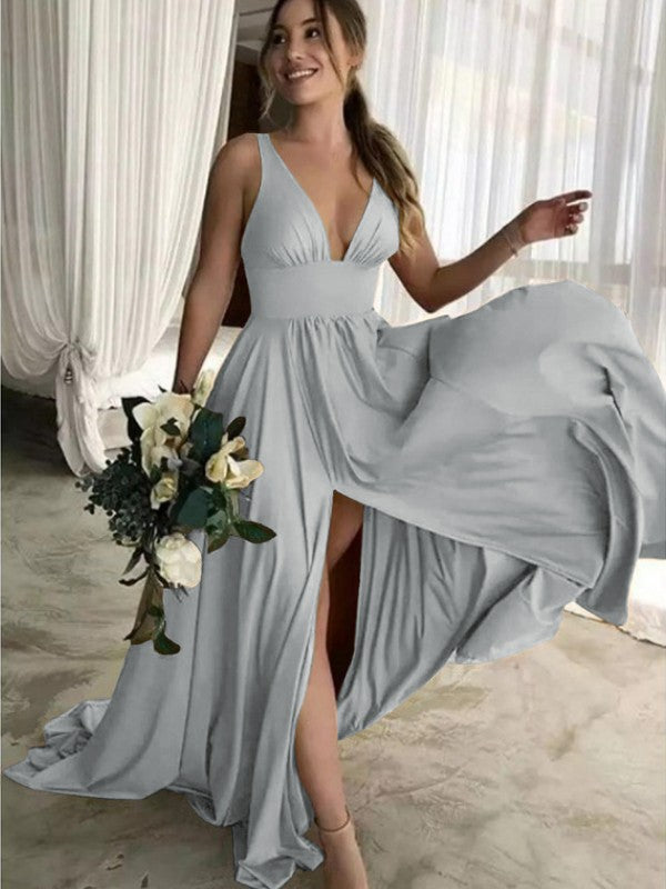 A-Line Sleeveless V-neck Sweep/Brush Train With Ruffles Jersey Bridesmaid Dresses