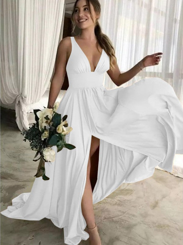A-Line Sleeveless V-neck Sweep/Brush Train With Ruffles Jersey Bridesmaid Dresses