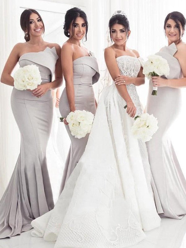 Mermaid Charmeuse With Ruffles Strapless Sleeveless Sweep/Brush Train Bridesmaid Dresses
