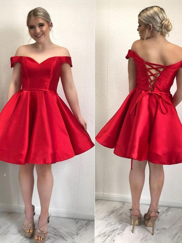 A-Line Satin Ruffles Off-the-Shoulder Sleeveless Short/Mini Homecoming Prom Dress