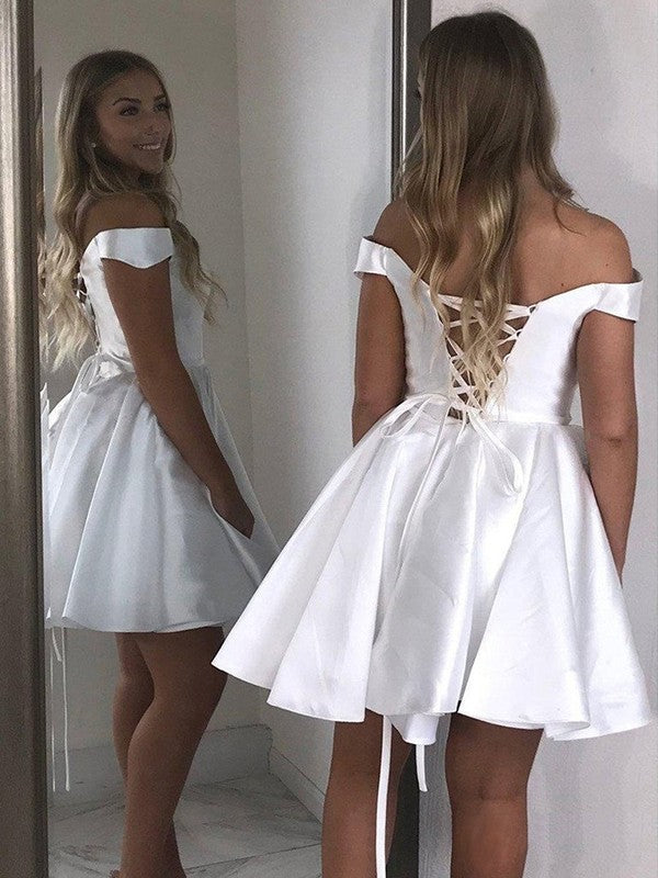 A-Line Satin Ruffles Off-the-Shoulder Sleeveless Short/Mini Homecoming Prom Dress