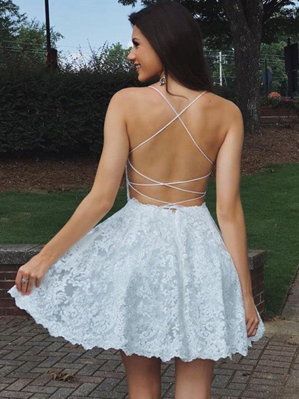A-Line Lace Applique Spaghetti Straps Sleeveless Short/Mini Homecoming Prom Dress