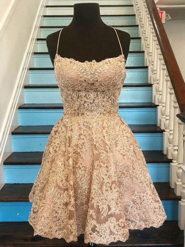 A-Line Lace Applique Spaghetti Straps Sleeveless Short/Mini Homecoming Prom Dress