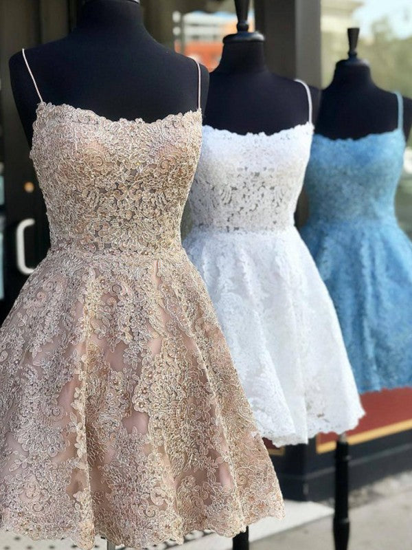A-Line Lace Applique Spaghetti Straps Sleeveless Short/Mini Homecoming Prom Dress