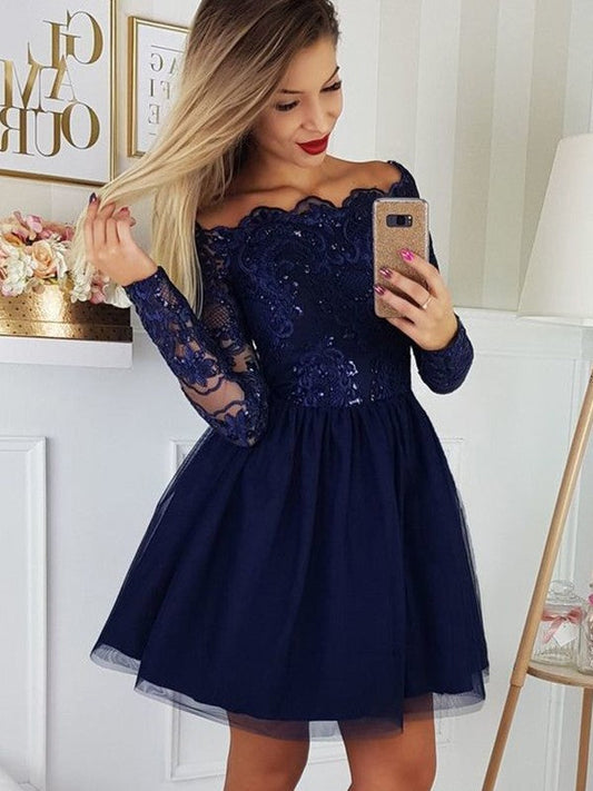 A-Line Tulle Applique Off-the-Shoulder Long Sleeves Short/Mini Homecoming Prom Dress