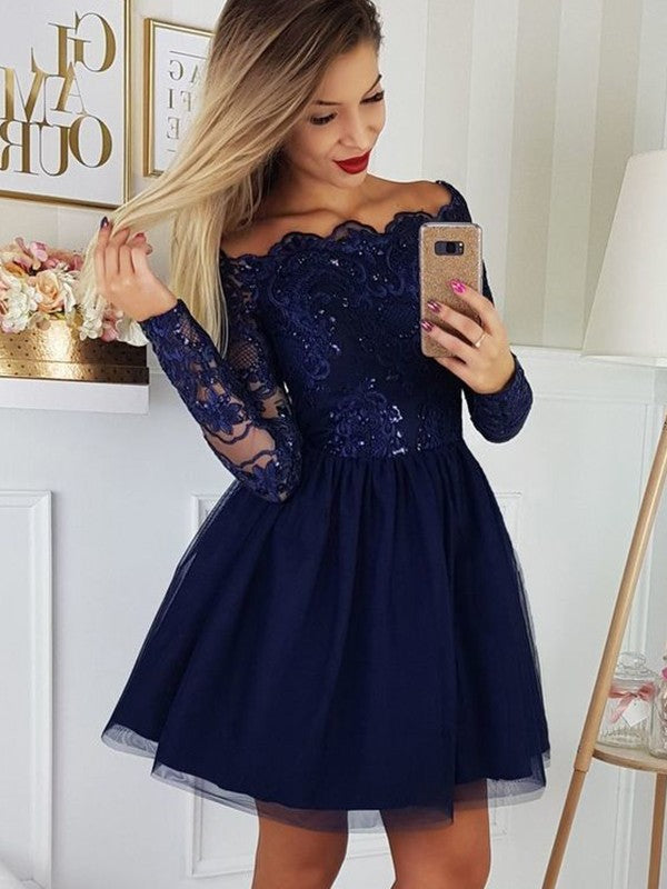 A-Line Tulle Applique Off-the-Shoulder Long Sleeves Short/Mini Homecoming Dress