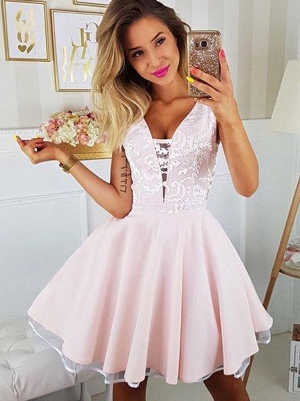 A-Line Satin Applique V-neck Sleeveless Short/Mini Homecoming Prom Dress