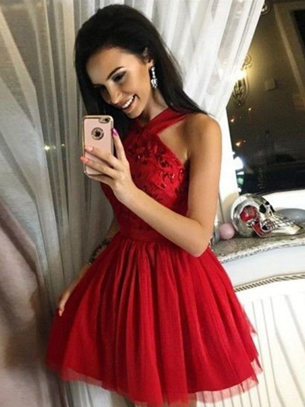 A-Line Tulle Paillette Halter Sleeveless Short/Mini Homecoming Dress