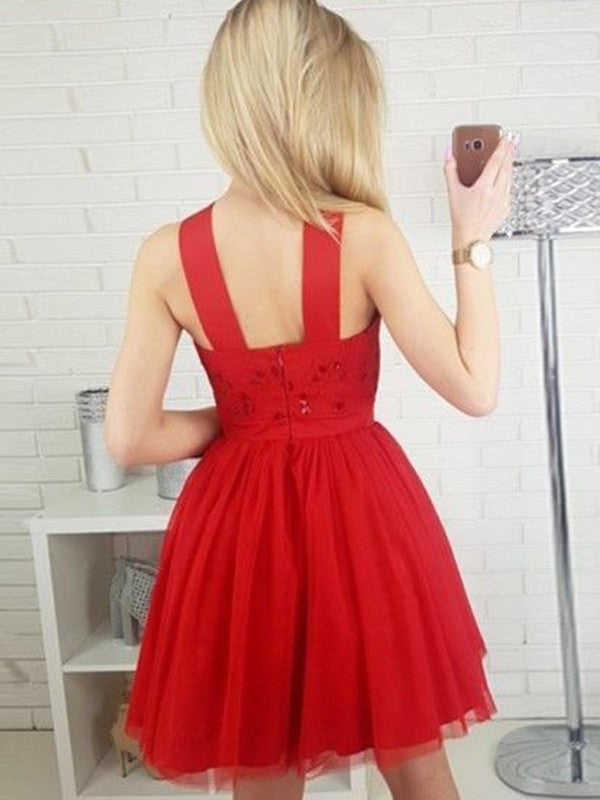 A-Line Tulle Paillette Halter Sleeveless Short/Mini Homecoming Dress