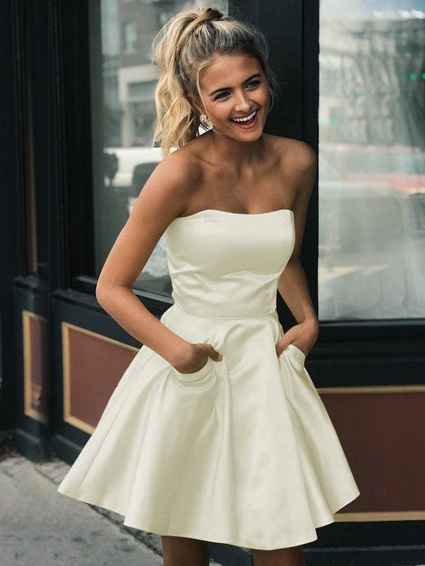 A-Line Satin Ruffles Strapless Sleeveless Short/Mini Homecoming Prom Dress