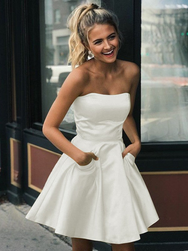 A-Line Satin Ruffles Strapless Sleeveless Short/Mini Homecoming Prom Dress