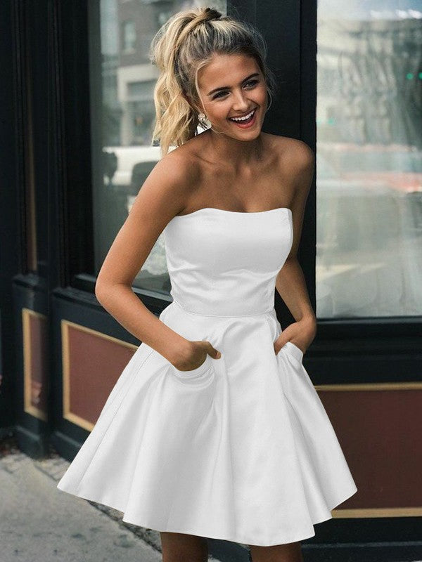 A-Line Satin Ruffles Strapless Sleeveless Short/Mini Homecoming Prom Dress