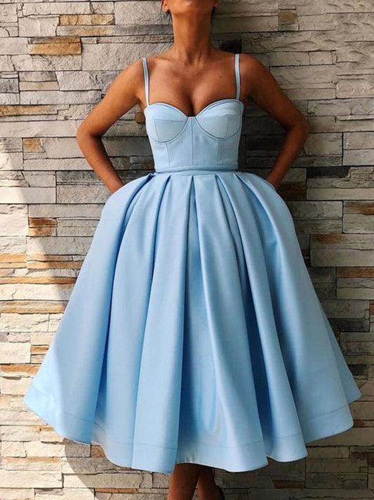 Ball Gown Satin Ruffles Spaghetti Straps Sleeveless Tea-Length Homecoming Dress
