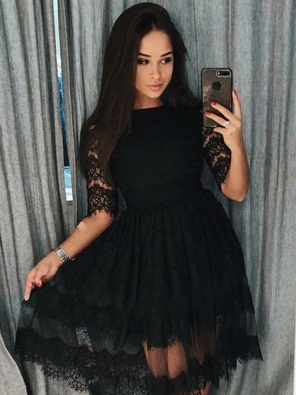 A-Line Lace Lace Scoop 1/2 Sleeves Short/Mini Homecoming Prom Dress
