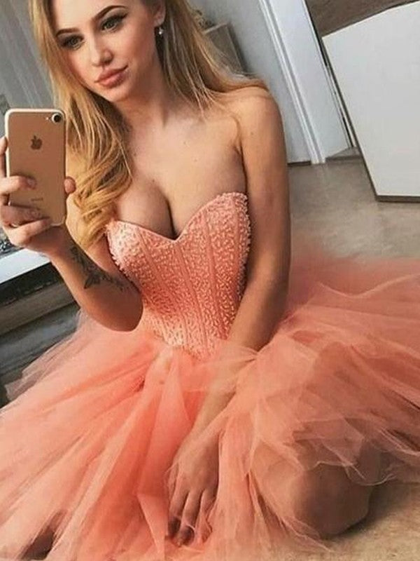 A-Line Tulle Beading Sweetheart Sleeveless Short/Mini Homecoming Prom Dress