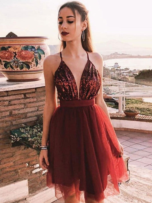 A-Line Tulle Sequin Spaghetti Straps Sleeveless Short/Mini Homecoming Prom Dress
