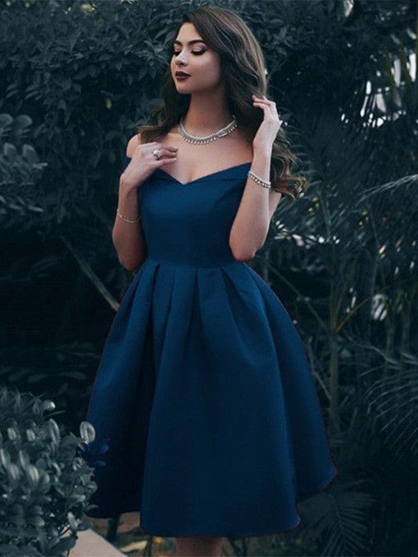 A-Line Satin Ruffles Off-the-Shoulder Sleeveless Knee-Length Homecoming Prom Dress