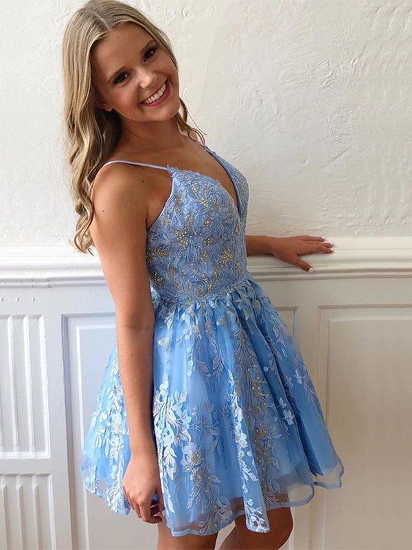 A-Line/Princess Tulle Spaghetti Straps Sleeveless Applique Short/Mini Homecoming Dress