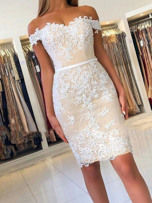 Sheath/Column Lace Off-the-Shoulder Sleeveless Applique Short/Mini Homecoming Dress
