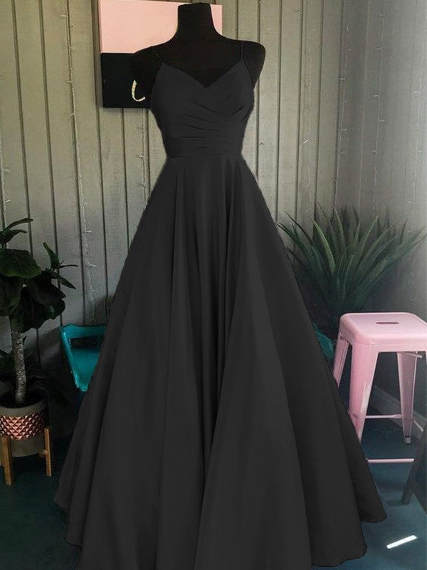 A-Line/Princess Satin Ruched Spaghetti Straps Sleeveless Floor-Length Prom Dress