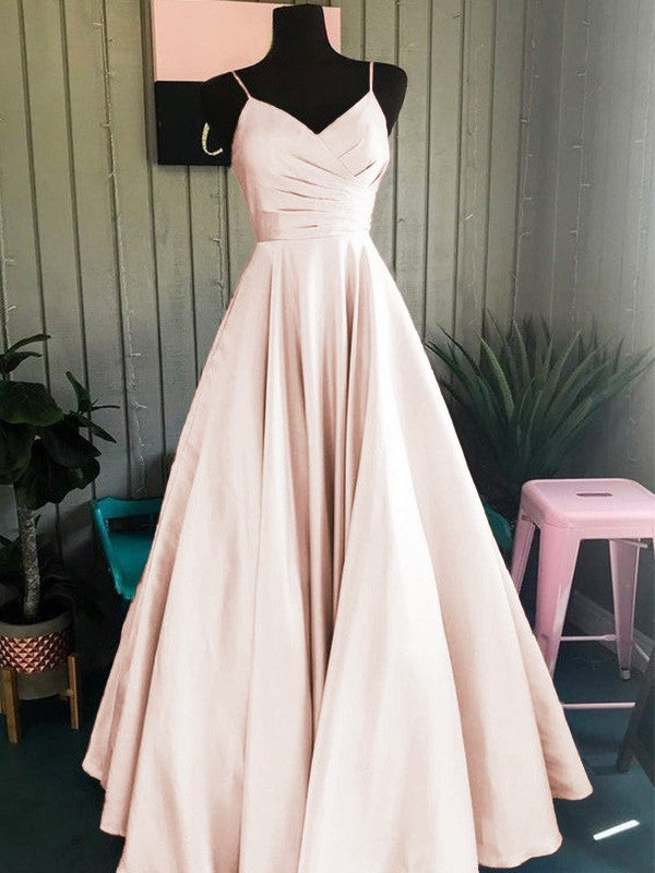 A-Line/Princess Satin Ruched Spaghetti Straps Sleeveless Floor-Length Prom Dress