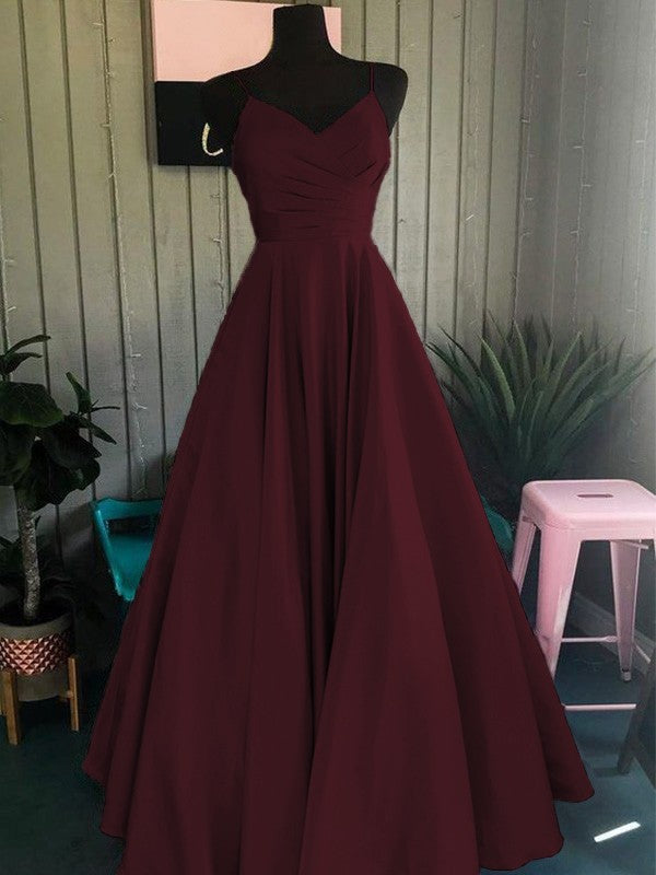 A-Line/Princess Satin Ruched Spaghetti Straps Sleeveless Floor-Length Prom Dress