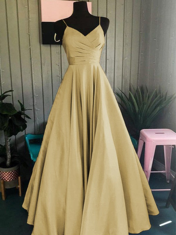 A-Line/Princess Satin Ruched Spaghetti Straps Sleeveless Floor-Length Prom Dress