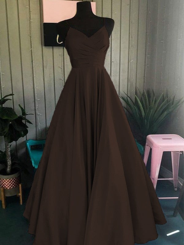 A-Line/Princess Satin Ruched Spaghetti Straps Sleeveless Floor-Length Prom Dress