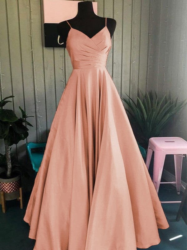 A-Line/Princess Satin Ruched Spaghetti Straps Sleeveless Floor-Length Prom Dress
