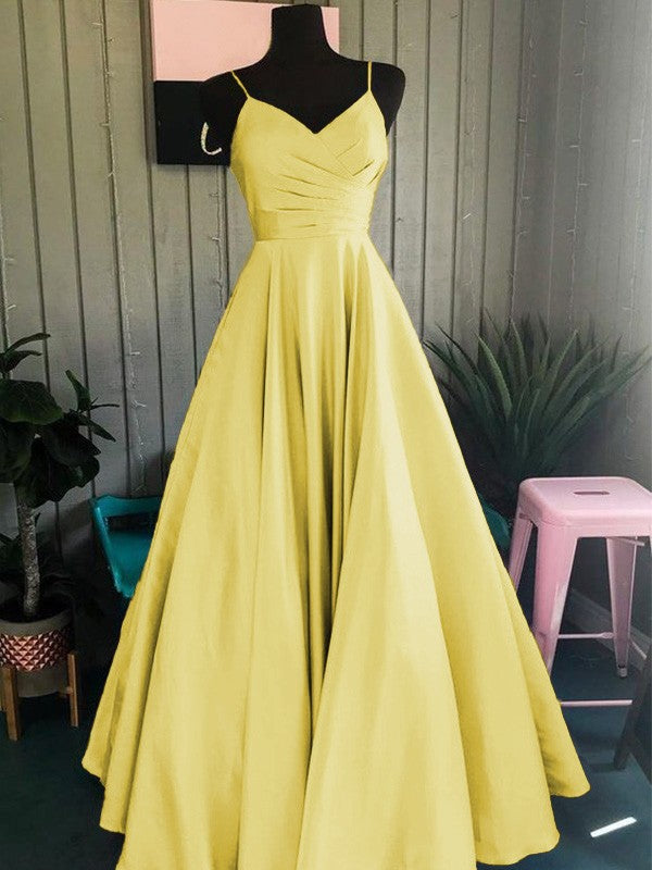 A-Line/Princess Satin Ruched Spaghetti Straps Sleeveless Floor-Length Prom Dress