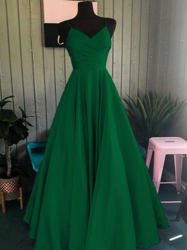 A-Line/Princess Satin Ruched Spaghetti Straps Sleeveless Floor-Length Prom Dress