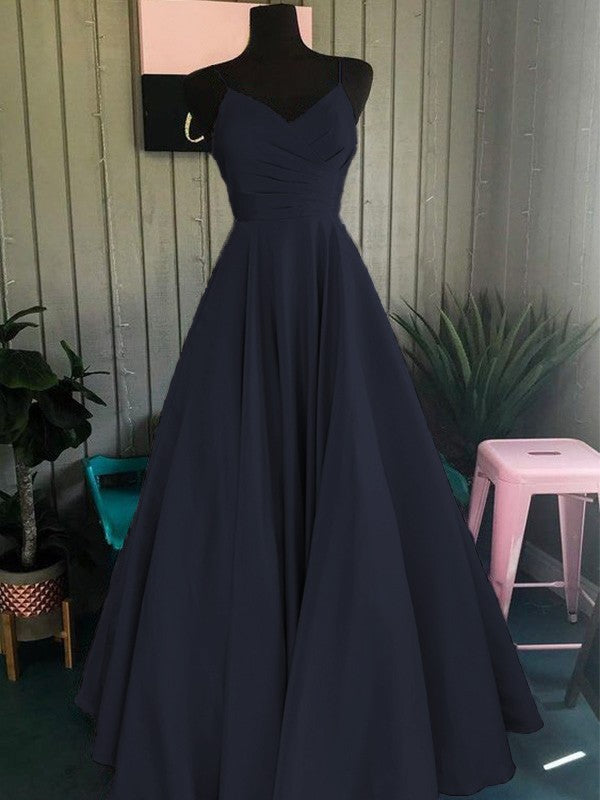 A-Line/Princess Satin Ruched Spaghetti Straps Sleeveless Floor-Length Prom Dress