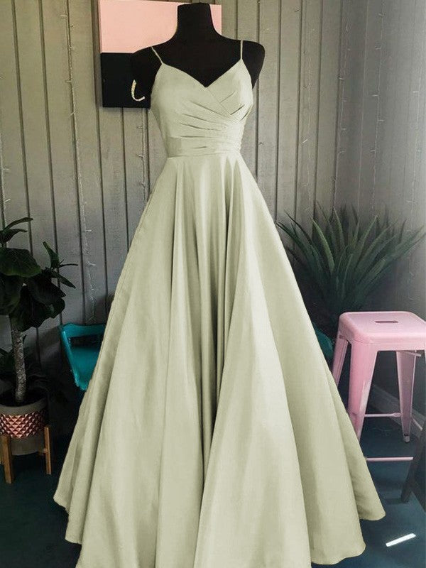 A-Line/Princess Satin Ruched Spaghetti Straps Sleeveless Floor-Length Prom Dress