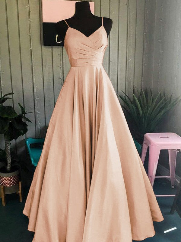 A-Line/Princess Satin Ruched Spaghetti Straps Sleeveless Floor-Length Prom Dress