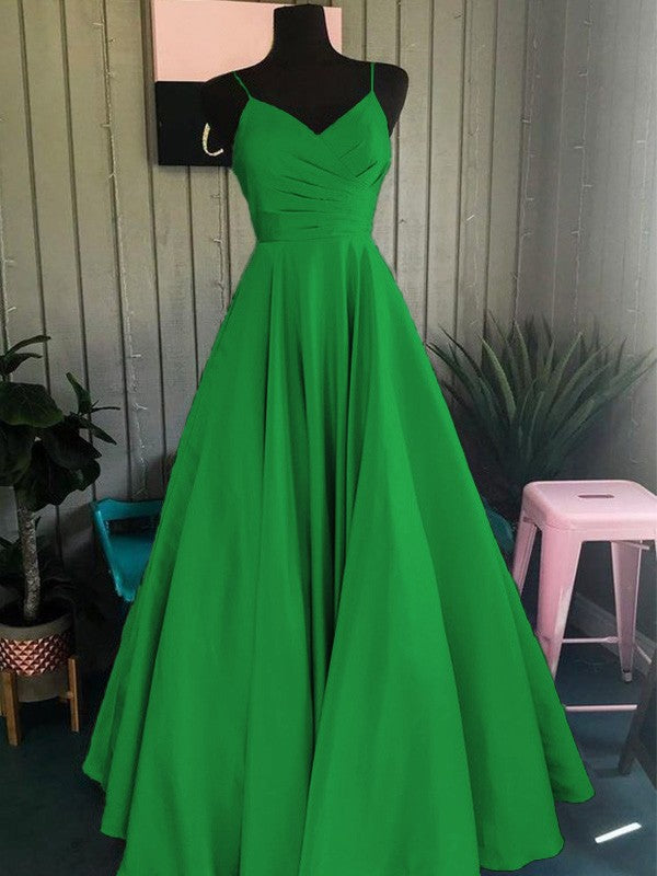 A-Line/Princess Satin Ruched Spaghetti Straps Sleeveless Floor-Length Prom Dress