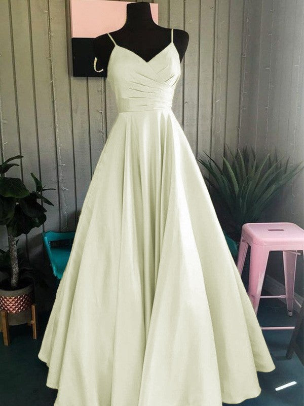 A-Line/Princess Satin Ruched Spaghetti Straps Sleeveless Floor-Length Prom Dress